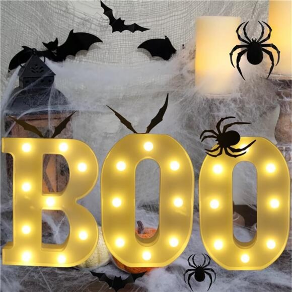 Halloween Decorations, BOO Lights Up Letters 8.7in BOO LED Marquee Sign, 3D Bats - Picture 1 of 8
